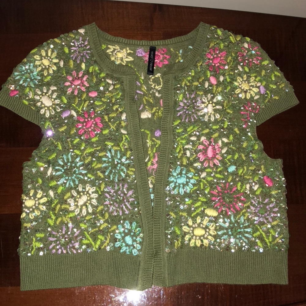 Olive Green Beaded Cropped Cardigan